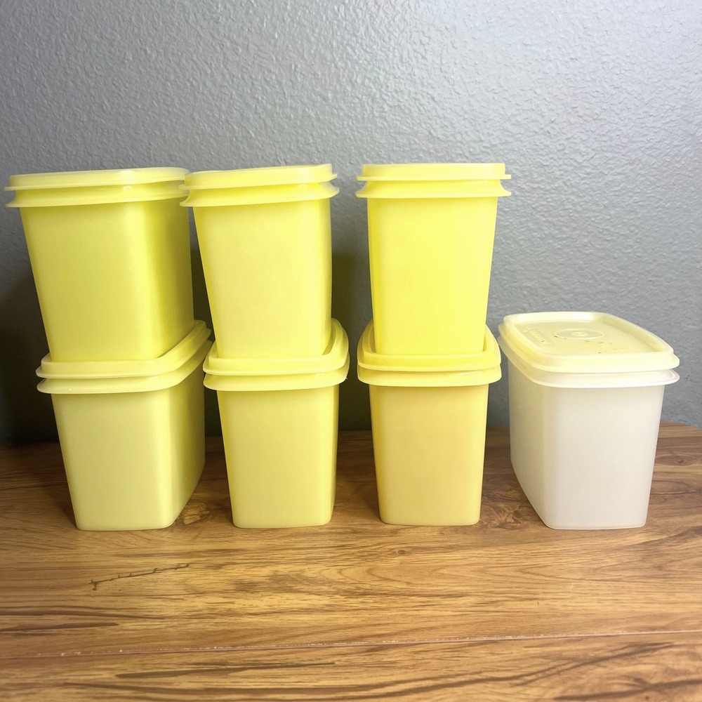 Vintage Tupperware Food Storage Lot of 7 Yellow White Rectangular Canisters